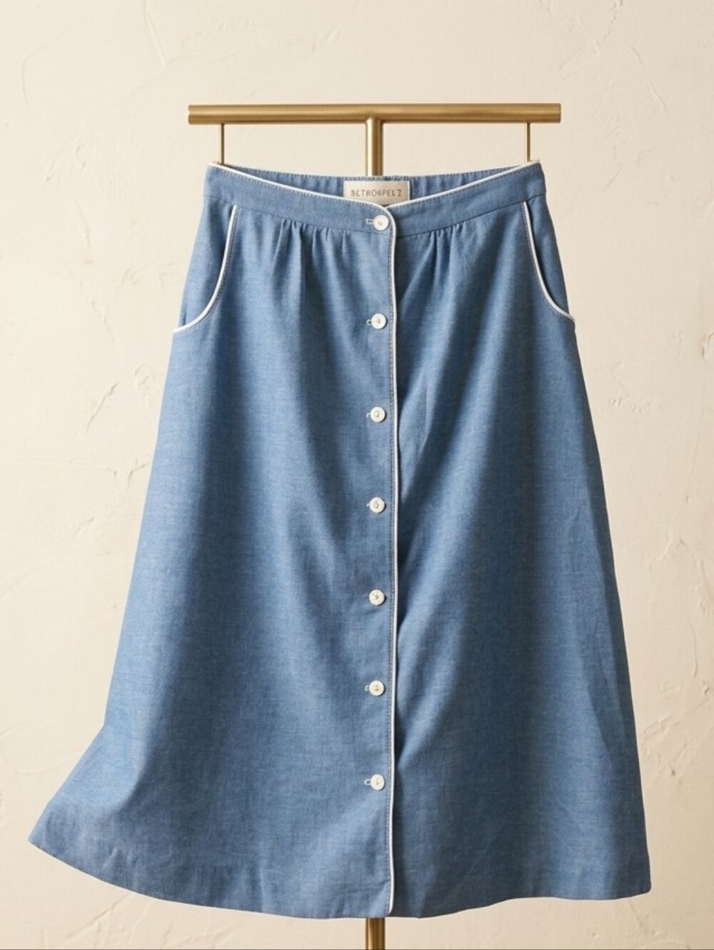 Vintage Russ Blue Chambray Button-Front Midi Skirt - 27" Waist With Pockets